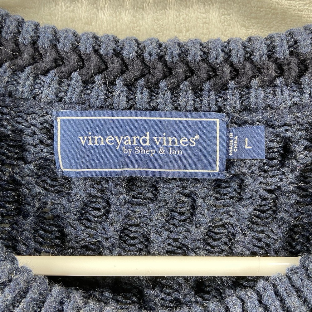 Vineyard Vines Sweater men's Large Chunky Knit Merino Wool Cotton Crew Neck Blue - Picture 4 of 11